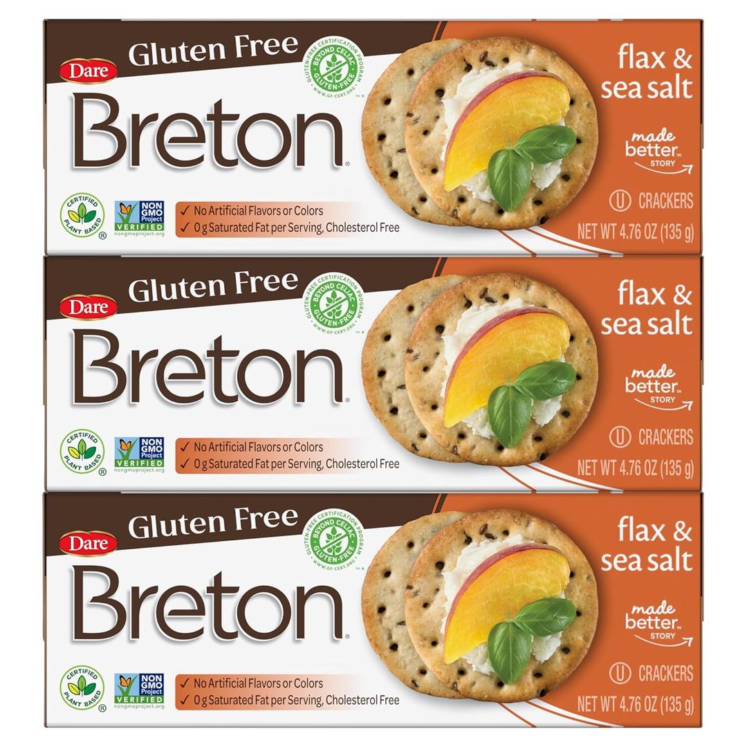 Breton Gluten Free Flax & Sea Salt Crackers (Pack of 3) - Non-GMO, Plant-Based, For Snacking, Dips, Cheese and Spreads, 3x4.76oz (EXP 11/15/25)