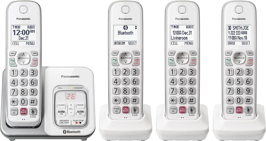 Panasonic Cordless Phone with Answering Machine, Link2Cell Bluetooth Home Phones, Voice Assistant and Advanced Call Blocking, Expandable System with 4 Handsets - KX-TGD864W (White)