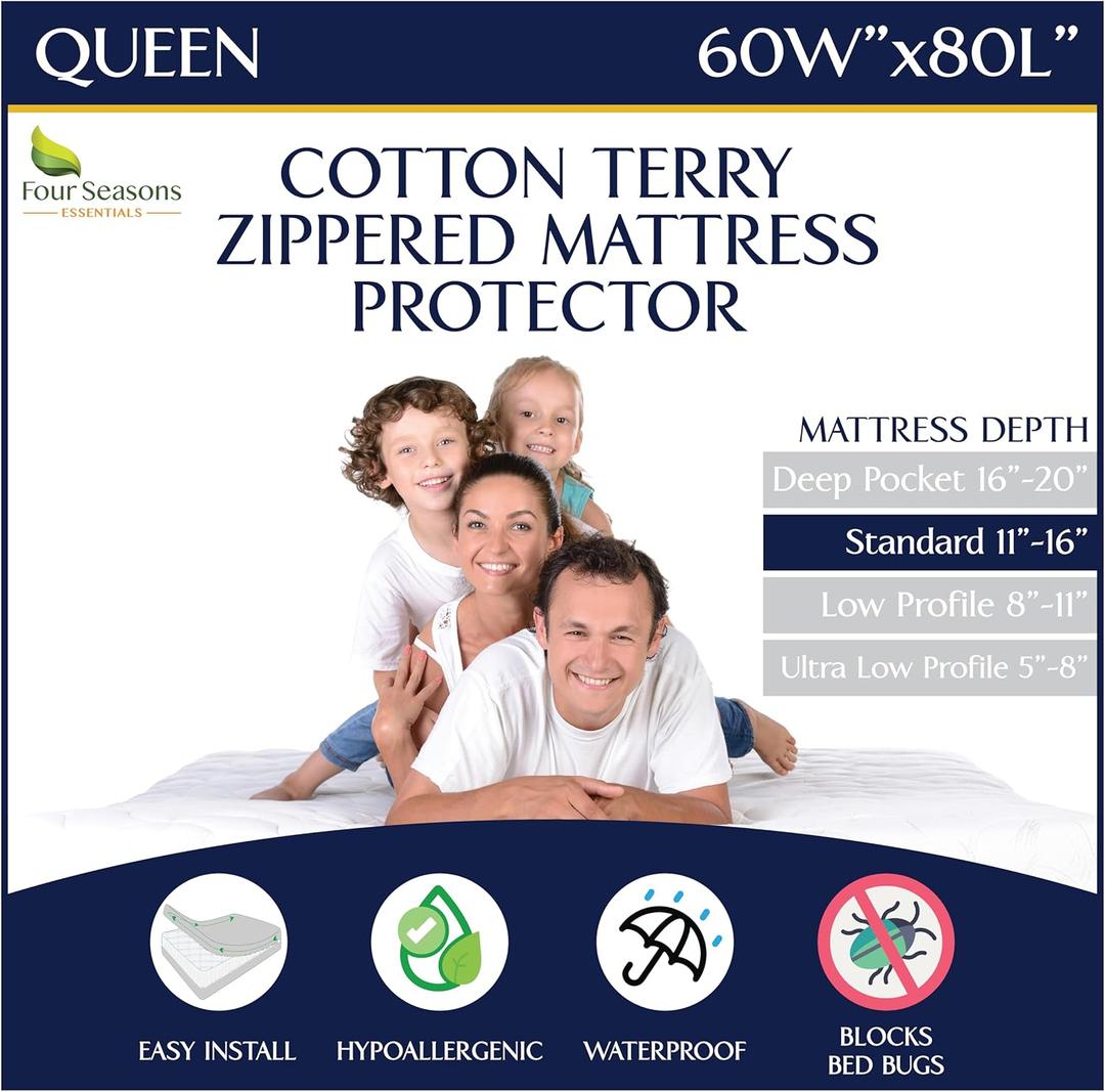 Zippered Waterproof Mattress Encasements - Hypoallergenic Mattress Protector Cover with Soft Cotton Terry Fabric Top - Queen Size 60' x 80'