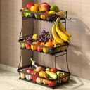 Sevenblue 2 Tier Large Fruit Basket for Kitchen Counter with 2 Mobile Banana Hangers, 2026 Pro Detachable Metal Fruit Bowl with Wooden Handle (Brown, 3 Tier)