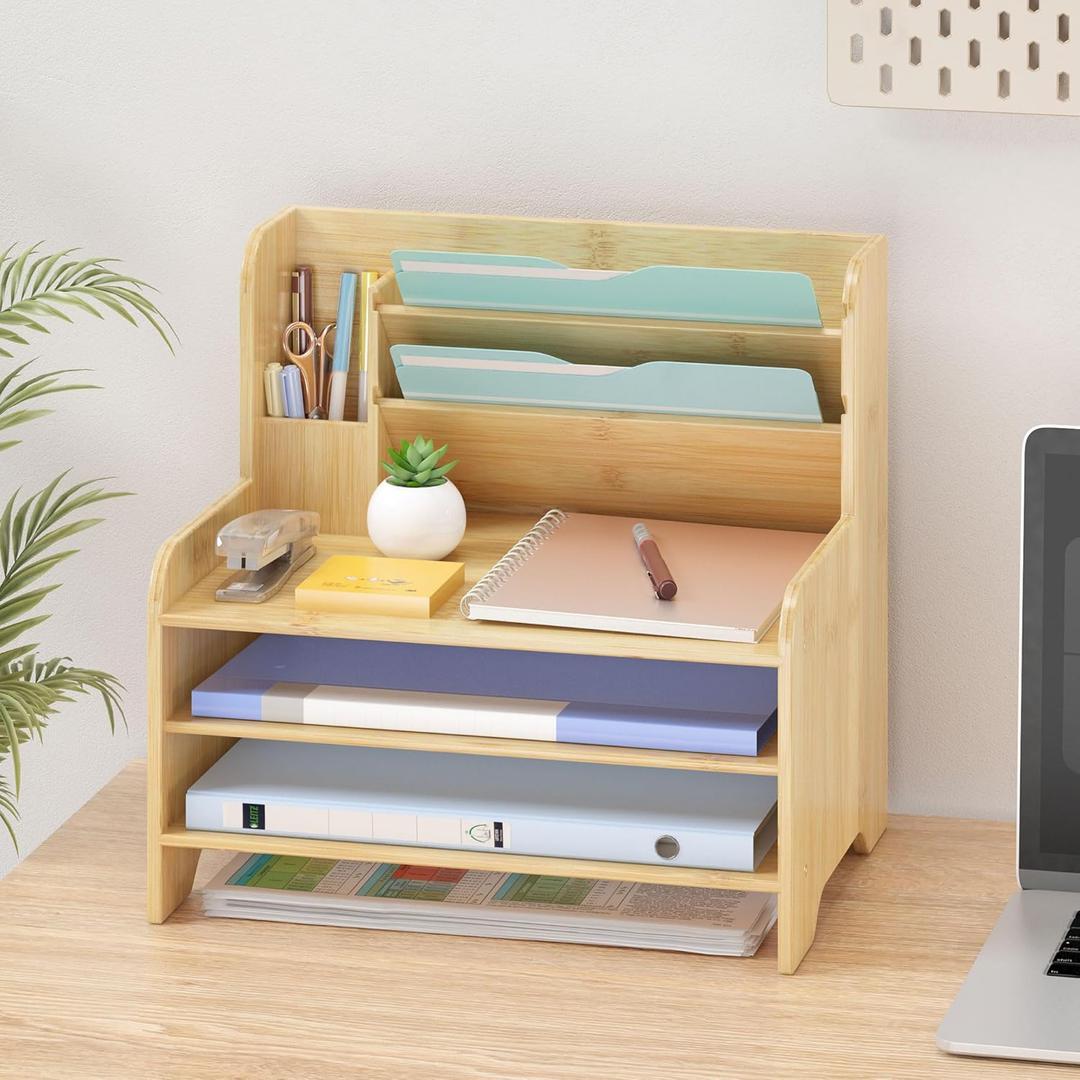 Bamboo Desk Organizer Mail Holder Countertop Letter Tray File Organizer for Desk Letter Sorter Paper File Storage for School Home Office Supplies (Large, Nature)