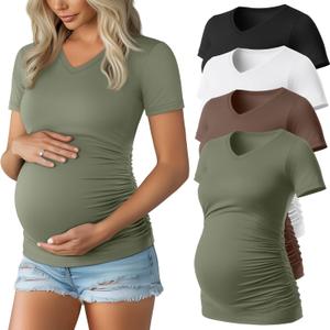 Huukeay 4 Pack Women's Maternity Shirts, V Neck Maternity Top Short Sleeve Casual Cotton Tee Side Ruched Pregnancy Clothes (Black, White, Coffee, Army Green)