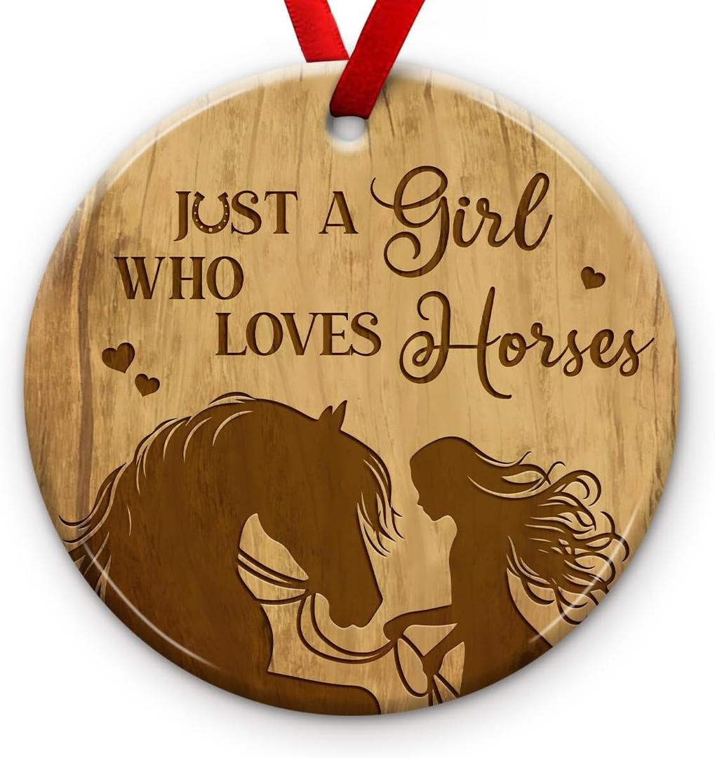 3 x Girl Loves Horses Christmas Ornament 2025 - Wooden Themed Ornament, Horse Tree Decoration - Rustic Farmhouse Decor, Animal Xmas Holiday Keepsake, Idea for Girl, Horse Lovers