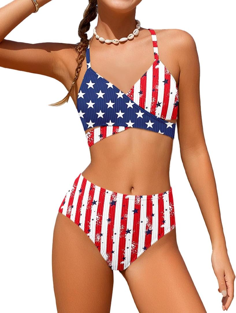 Girls Swimsuits Bikini Set,Two Piece Swimsuit Criss Cross Bathing Suit Girls' Swimwear (13-14 Years, Usa Flag 3)