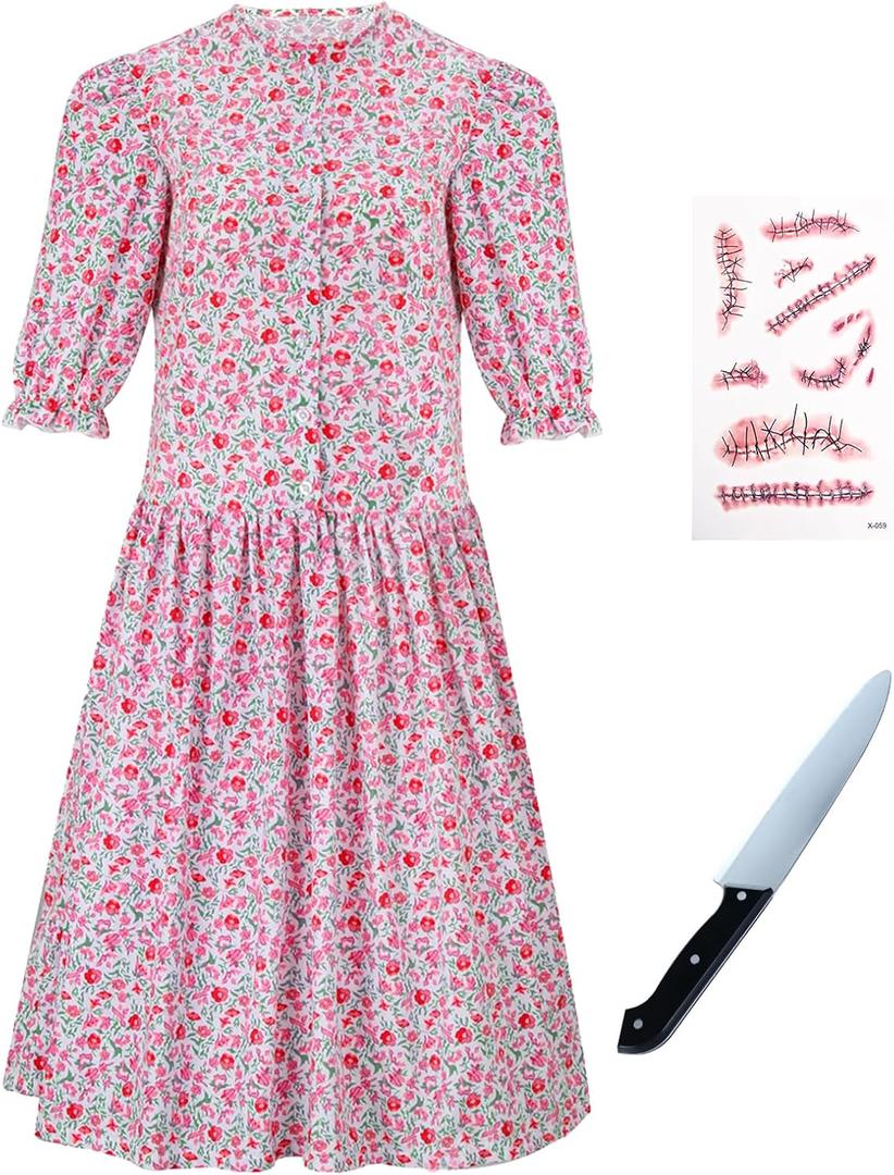 Womens Barbara Dress Costume Pink Floral Print Dress Halloween Cosplay Outfit Suit (Small)