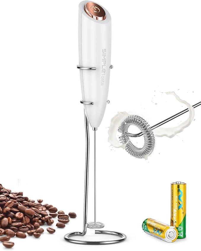 SIMPLETaste Milk Frother Handheld Battery Operated Electric Foam Maker, Drink Mixer with Stainless Steel Whisk and Stand for Cappuccino, Bulletproof Coffee, Latte (White)