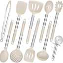 Kitchen Utensils Set of 10, P&P CHEF Heat-resistant Silicone Cooking Utensil with Stainless Steel Handle, Include Turner,Spatula,Spoon,Tong,Pizza Cutter, Dishwasher Safe, Khaki