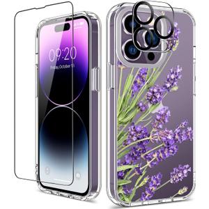 GiiKa for iPhone 14 Pro Max Case with Screen Protector, 6.7" Clear Full Body Shockproof Protective Floral Girls Women Hard Case with TPU Bumper Cover Phone Case for iPhone 14 Pro Max, Purple Flowers