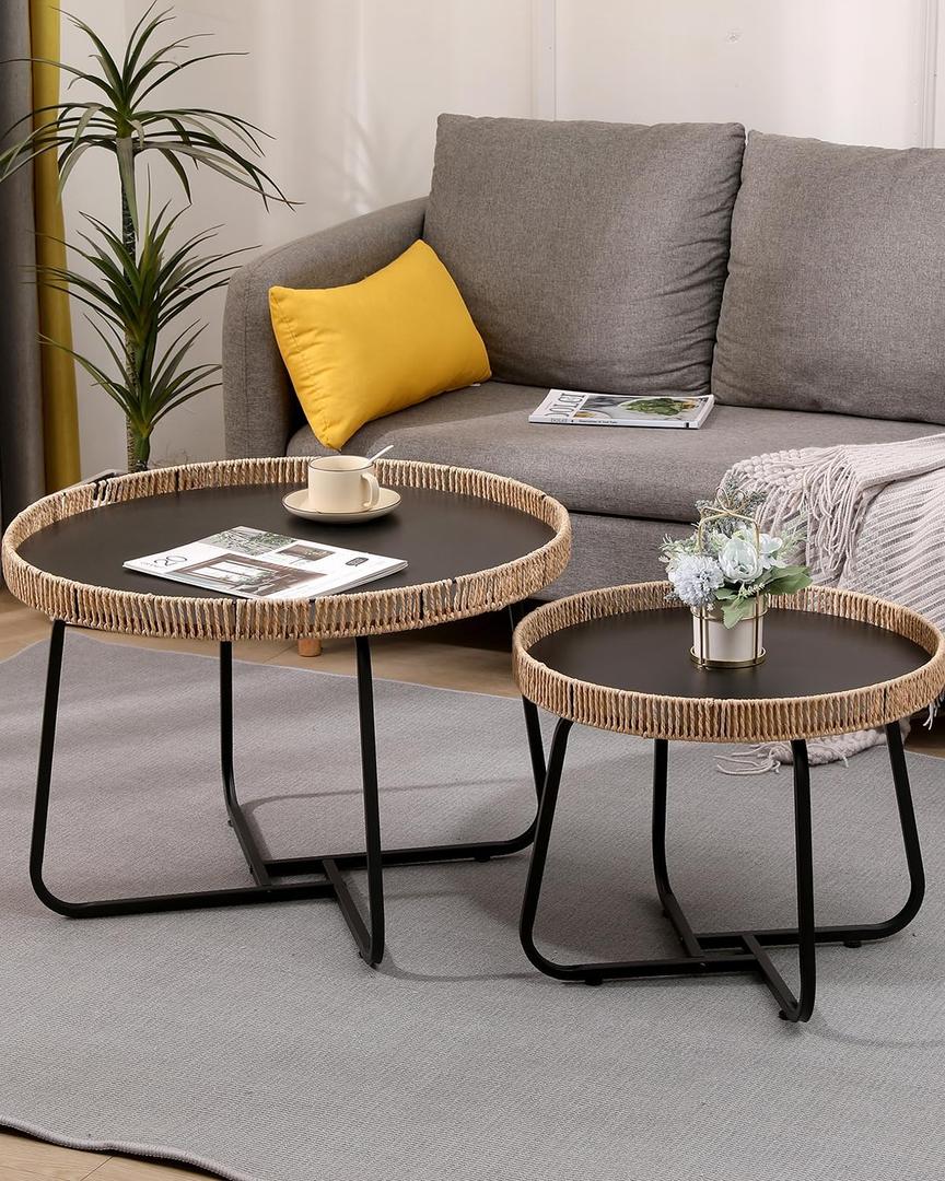Small Round Nesting Coffee Table Set of 2, Nesting Side Tables with Metal Frame, Modern Circle End Tables for Living Room Bedroom Office Balcony (Brown, 50cm+70cm)