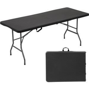 FDW 6 Foot Outdoor Dining Table, Foldable Portable Rectangular Plastic Folding Table with Built in Carrying Handle for Party and Wedding Use, Black Ratten