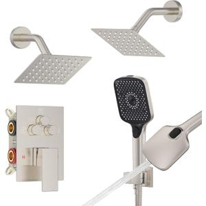 Iriber Shower Faucet Set Brushed Nickel,Push Button Diverter Bathtub Shower System with 2 in 1 Handheld, 6 Inch Dual Shower Head for 2 people Combo Trim Kit Wall Mount (Valve cartridge Included)
