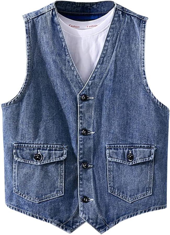 LONGBIDA Men's Denim Vest Casual Slim Fit Sleeveless Jacket Outdoor Jean Vests (X-Large, Blue)