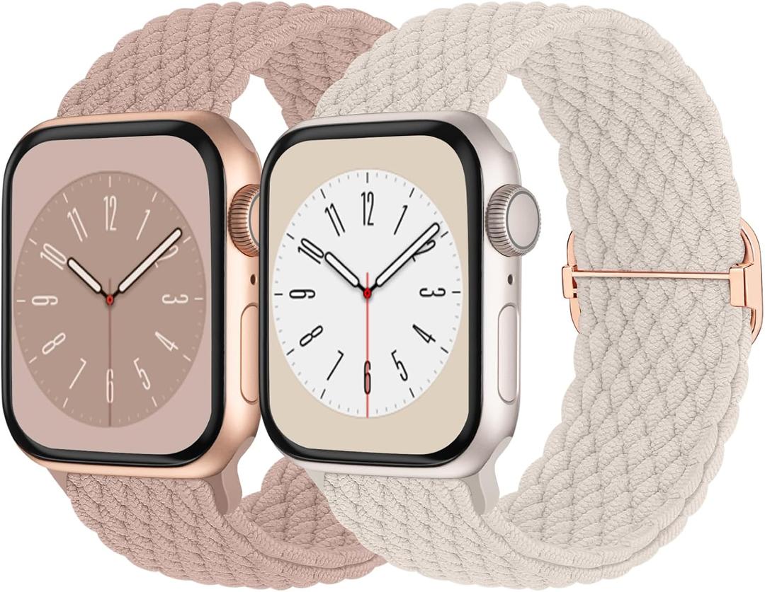 Braided Solo Loop Compatible with Apple Watch Band 38mm 40mm 41mm 42mm 44mm 45mm 46mm 49mm Women Men, Adjustable Stretchy Bands Elastic Sport Strap for iWatch Series 11 10 9 8 7 6 5 4 3 2 SE Ultra 3 2 (Starlight/Pink)