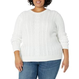 Amazon Essentials Women's Soft Fisherman Cable Long-Sleeve Crewneck Sweater (Medium, White)