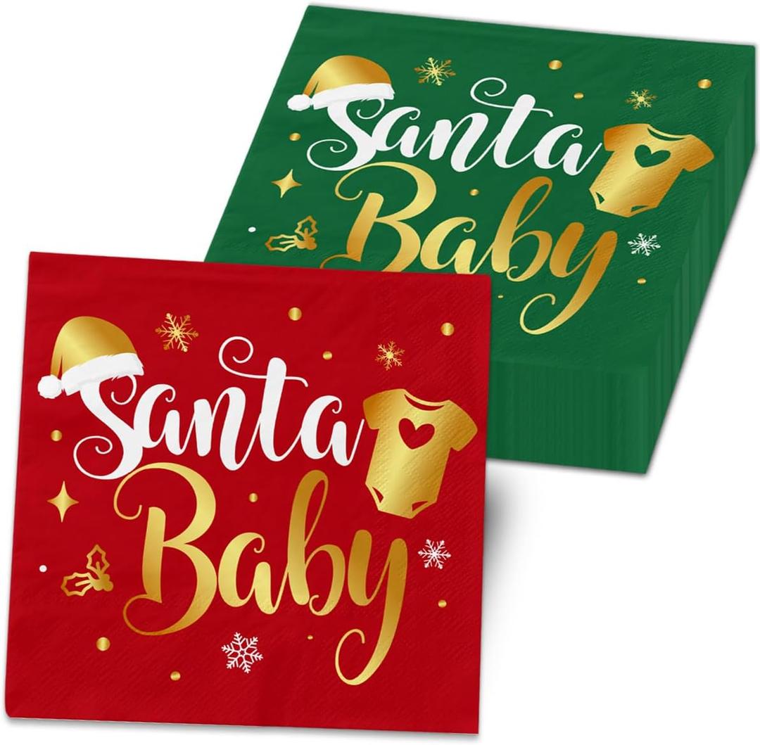 Santa Baby Shower Decorations Napkins, 40Pcs Red and Green Christmas Shower Paper Napkins for Xmas Winter Holiday Baby Shower Party Supplies