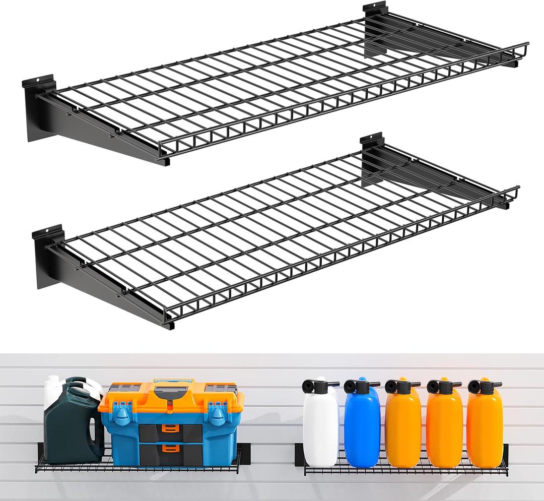 2 Pack Slatwall Shelves 24X12 Inch, Heavy Duty Metal Black Slat Wall Wire Shelf for Retail, Garage, Home Storage, Universal Slatwall Accessories (M2PC, Black)