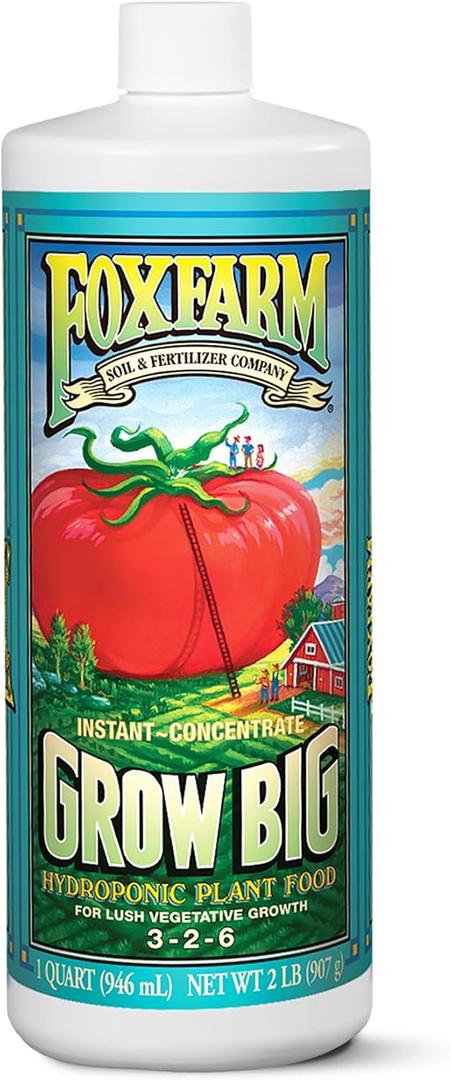 FoxFarm Grow Big Hydro Liquid Fertilizer, Plant Food with Micro Nutrients for Hydroponic Systems - Enhances Vegetative Growth, Flowering, and Fruiting - pH Adjustable, NPK 3-2-6 (Quart)