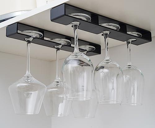 Aydomer 2Pack Wine Glass Holder Under Shelf Cabinet Wine Glass Rack Plastic Stemware Rack Glasses Storage Hanger Bar Kitchen Wine Glasses Organizer (black)