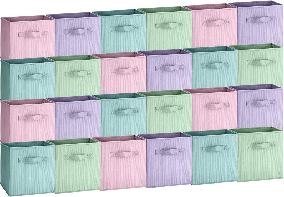 Hillban 24 Pcs Storage Cubes 11'' Collapsible Storage Bins Bulk Fabric Cubes Basket with Dual Handles Organizer Cube for Closet Toy Classroom Shelf Room (Solid Style,Pastel)
