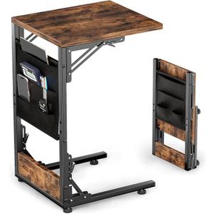 Kufutee Folding TV Tray Table, Small Folding Side Table with Storage Bag, Portable C Shaped End Stand for Couch Sofa Bed, Rustic Brown