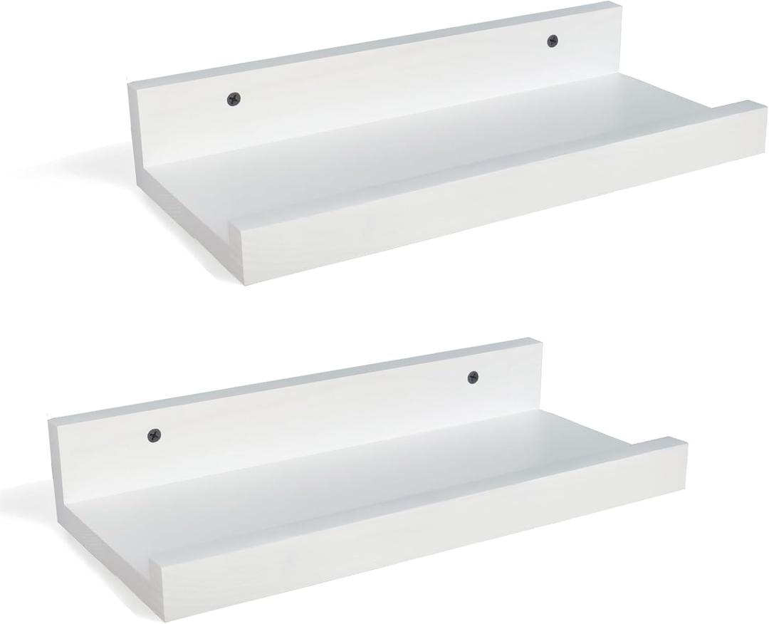Z metnal Small Floating Shelves, Natural Wooden Display Wall Shelf for Picture Ledge, Nursery Floating Shelves, White, Wall Mounted, 12 x 5.5 inch, 2 Pcs