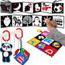 4 PCS Black and White High Contrast Baby Toys 0-3-6 Months Newborn Essential Toy for Babies Crinkle Sensory Book Brain Development Tummy Time Mirror Infant Carseat Rattle Shower Easter Gifts Boy Girl