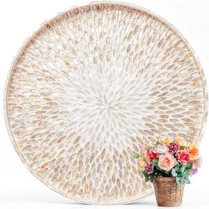 22" Round Mother of Pearl Serving Tray Ottoman Tray, Leaf, Gold