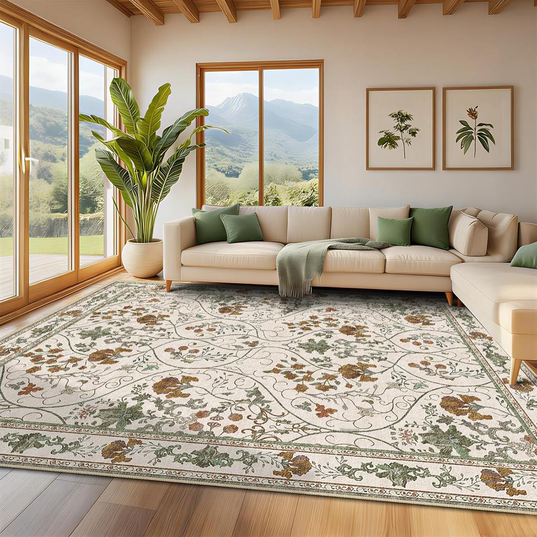 Floral Area Rug 8x10 Washable Vintage Non Slip Rug Large Soft Low Pile Stain Resistant Rugs for Living Room Bedroom Dining Room Laundry Indoor, Beige White