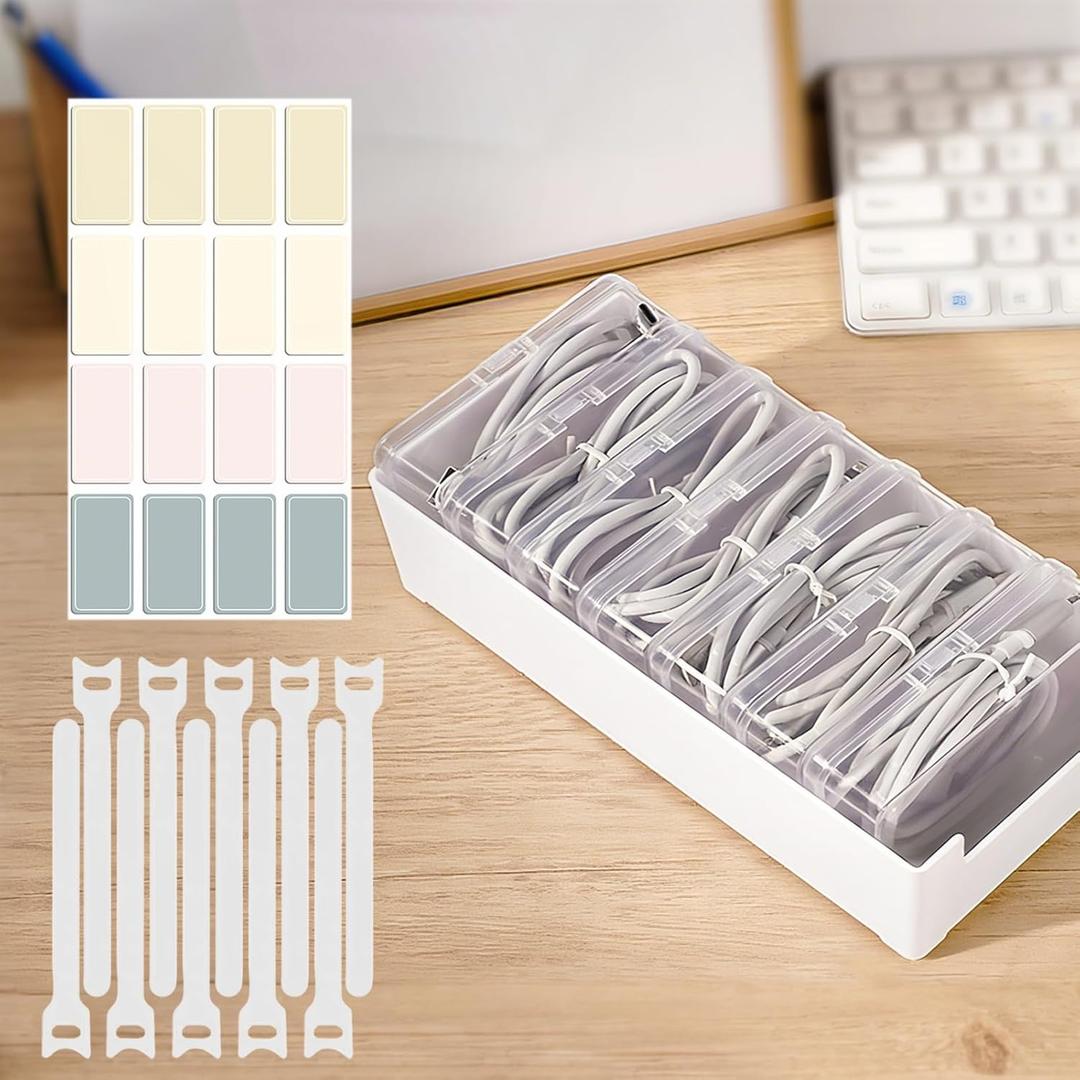 7 Box Cable Organizer Storage Box, Desktop Cable Management with Labels and Ties, Power Cord Organizer for Office,Home,Desk Accessories Storage Stationery Supplies and Accessories