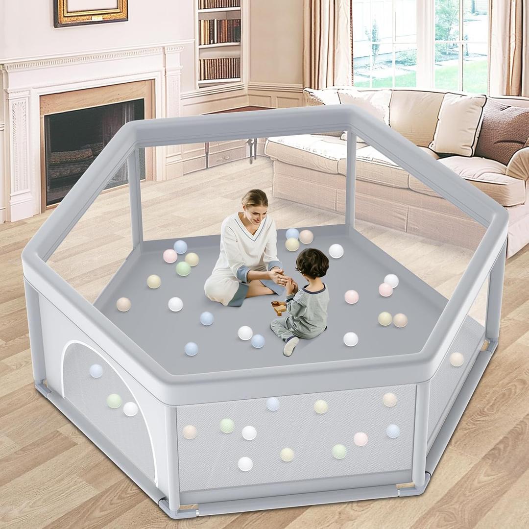 Baby Playpen 65x65 Inch, Large PlayPen for Babies and Toddlers Hexagonal Type Baby Play Yards for Toddlers Infants (Grey)