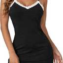 Vrtige Women's Sexy Lace Strap Babydoll Chemise Nightgown Lingerie V Neck Full Slip Nightdress (Large, Black)