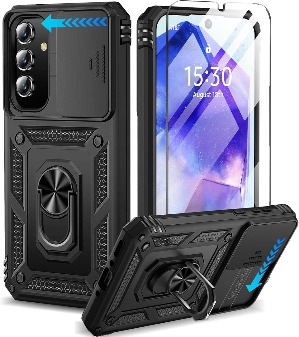 BaHaHoues for Samsung Galaxy A35 5G Case with Screen Protector & Slide Camera Lens Cover, Built-in 360Rotate Magnetic Ring Stand Shockproof Protective Phone Case for Samsung A35 5G (Black)