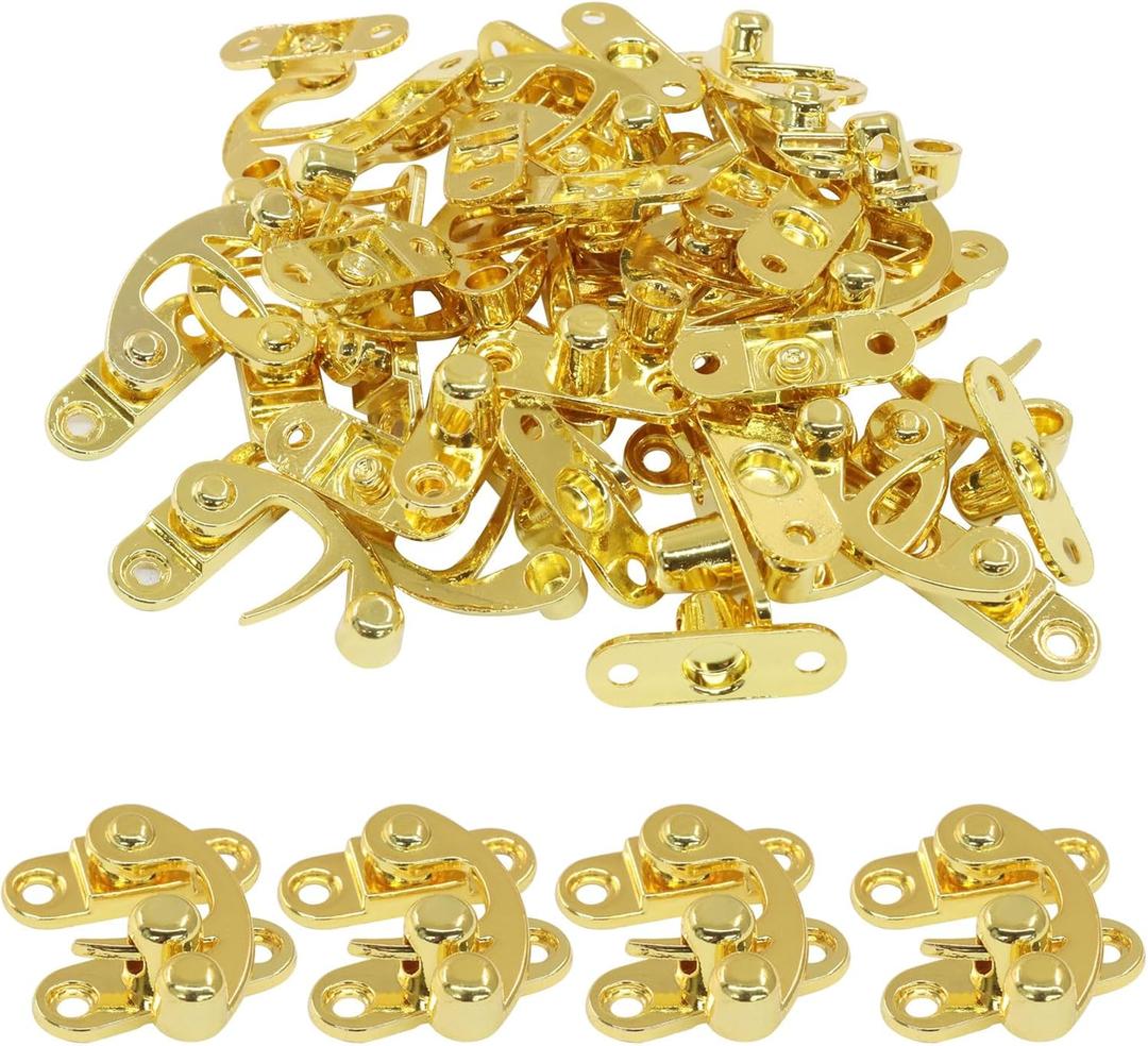 Hordion 20pcs Hook Hasp Latch, Golden Swing Arm Clasp Latch Zinc Alloy Jewelry Box Latch with Mounting Screws