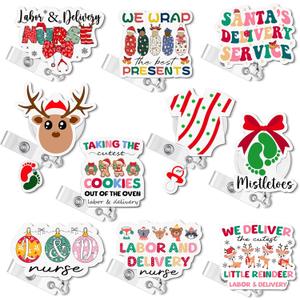 Riceshoot 10 Pcs Christmas Nurse Badge Reel with Metal Clip Acrylic Name Badge Clips Retractable Elk Footprints Christmas Ball Gingerbread Man Ideal Gift for Nurses Doctor Teachers