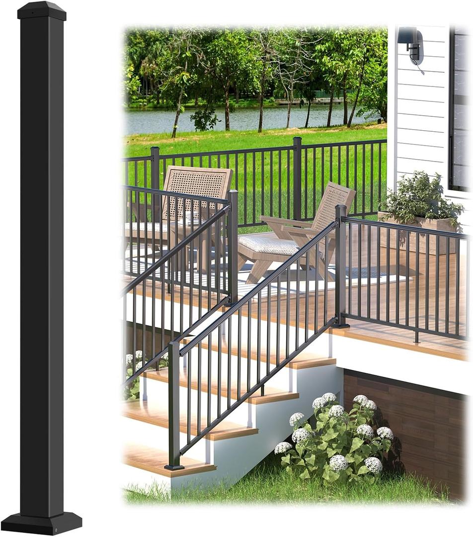 2.56 in. x 2.56 in. x 39 in. Porch and Deck Railing Post with Screws, Aluminum Railing Post, Black Textured Outdoor Powder-Coat Finish Stair Post for Decks, Porches & Balconies (1 Post)