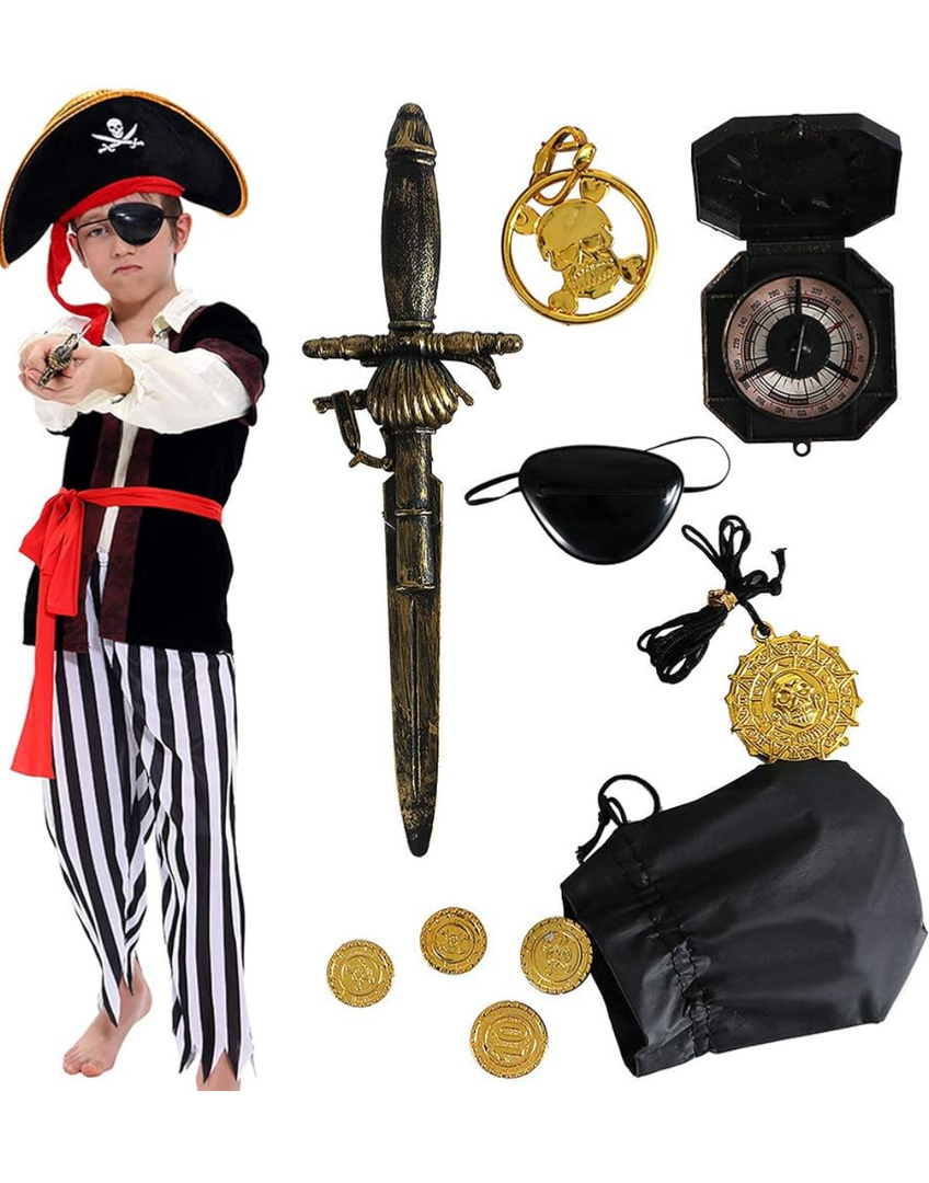 Tacobear Pirate Costume Kids Boy Halloween Dress Up Costume & Pirate Hat Sword Eye Patch Compass Earring Purse Coin Medallion S