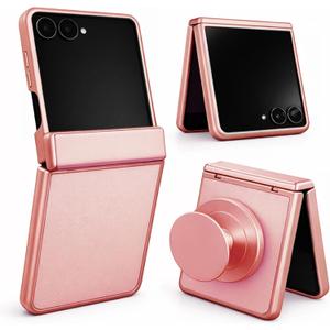 Genuine Leather Case for Galaxy Z Flip 7, MagSafe Compatible Slim Cover with Hinge Protection, Military-Grade Drop Protection, Free Magnetic Grip Holder, Color-Matched Trim (Pink)