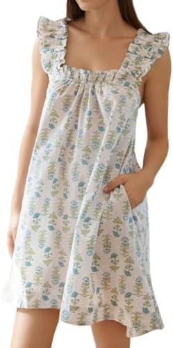 Sotimoon Womens Ruffle Nightgown Sleeveless Floral Night Gown Cotton Nightdress Size M