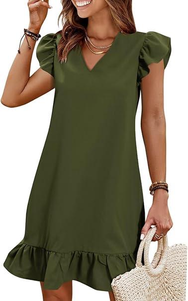 QACOHU Spring Summer Dresses for Women 2026 V Neck Cap Sleeve Ruffle Hem Smock Short Casual Beach Dress (S,  01-army Green)