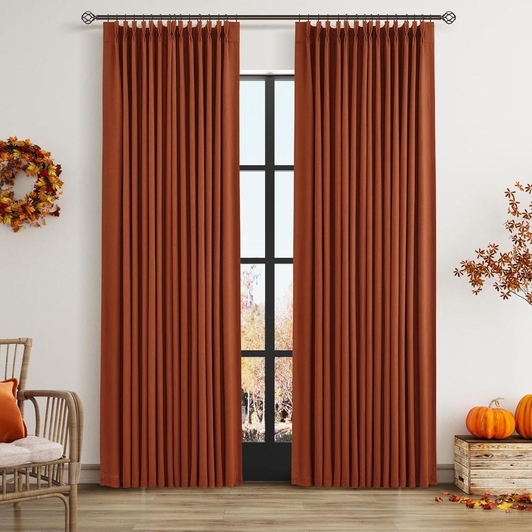Terracotta Pinch Pleated 100% Blackout Linen Double Layer Curtains 84 Inches Long for Living Room Boho Farmhouse Rust Colored Pinch Pleat Black Out Thermal Insulated Drapes for Bedroom 2 Panels (40"W x 84"L (Pack of 2))