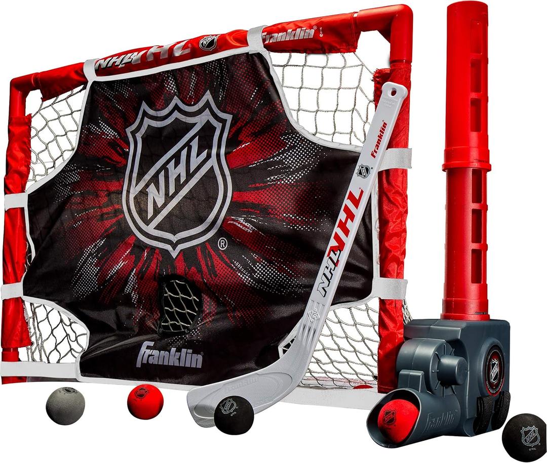 Franklin Sports NHL Kids Knee Hockey Goal Set - Mini Hockey Net + Stick Set - Automatic Ball Passer, Goal & Target