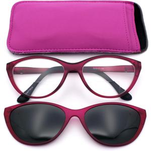 SA106 Cateye Magnetic Clip On Polarized Sunglasses On Bifocal Reading Glasses (Solid Purple)