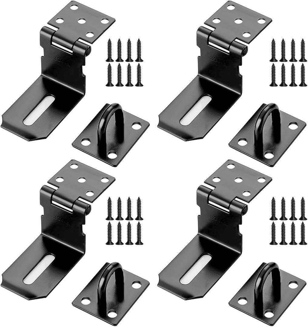 4 Inch Door Hasp Latch 90 Degree, Stainless Steel Safety Right Angle Padlock Hasp Lock Latch for Push/Sliding/Shed/Fence/Barn Door, Matte Black Finish 4 Pack