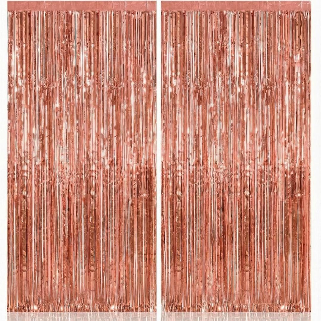 KatchOn, Rose Gold Fringe Curtain - XtraLarge 3.2x8 Feet, Pack of 2 | Rosegold Backdrop for Anniversary, Wedding, Bachelorette Party Decorations | Fringe Backdrop for Sweet 16 Birthday Decorations
