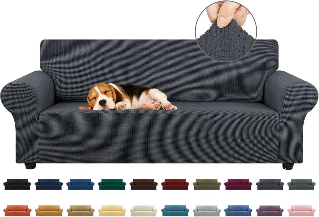 KEKUOU Stretch Sofa Cover Slipcover Couch Covers for 3 Cushion Couch Sofa pet Friendly (78"-94") Furniture Protector Sofa with Elastic Bottom for Kids,Dog, Jacquard Small Checked(Large,Charcoal)