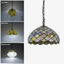 Tiffany Style Stained Glass Pendant Light Plug in, 12" Wide Fish Scale Design Hanging Lamp, 60 Inch Chain 15 Feet Cord Living Dining Room Bedroom Kitchen Home Office