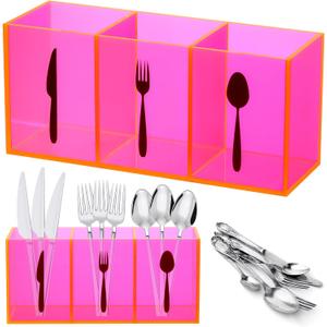 Suzile Acrylic Cutlery Storage Organizer Bin Silverware Caddy Countertop Knife Spoon and Fork Holder Kitchen 3 Section Tableware Storage Box for Cabinet Indoor Home Flatware Dining Room(Pink,M)