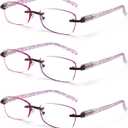 3-Pack Rimless Reading Glasses For Women, Lightweight Spring Hinge Readers, Classic Elegant Artistic Eyeglasses UV 400