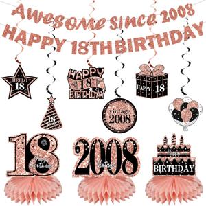 Kuxriox 11Pcs 18th Birthday Decorations Kit for Women, Rose Gold Happy 18th Birthday Banner, Awesome Since 2008 Centerpieces Swirls Party Supplies, Eighteen Bday Banner Ceiling Table Topper Sign