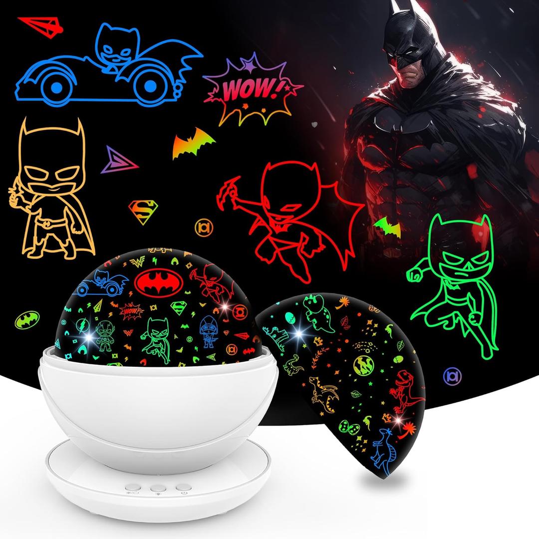 Batman Night Light Projector for Boy,Kids Night Lights with Batman and Dinosaur Theme,360 Degree Rotation,15 Mode Color Changing,Birthday Gift Toys (White-Batman)